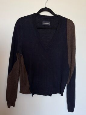Zadig & Voltaire Merino Wool Brown and Blue Contrasting V-neck Sweater - Small
